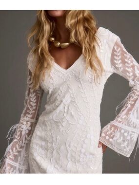 12th Tribe White Embroidered V-Neck Lace Dress with Sheer Bell Sleeves